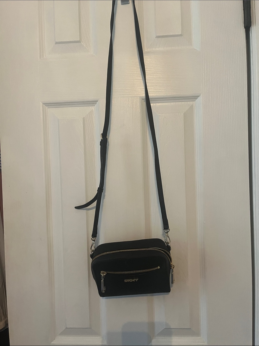 DKNY Black Crossbody Camera Bag with Gold Hardware